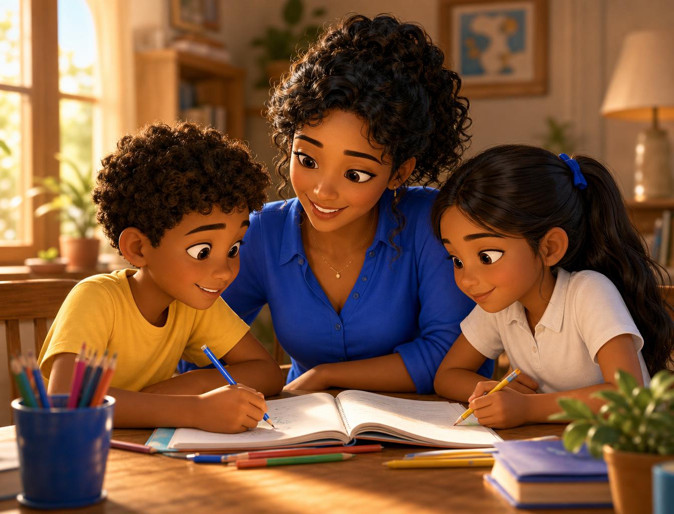 Ilustração de uma mãe ajudando filho e filha a estudarem juntos, sentados à mesa com caderno aberto